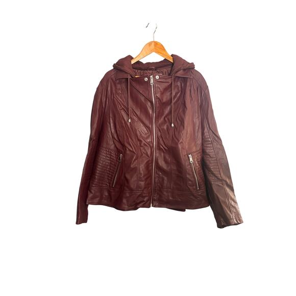 Andrew Marc 3X Burgundy Faux Leather Hooded
Moto Jacket Plus Size - Picture 1 of 6